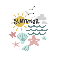 summer set, sun and seagulls, mollusks and starfish, vector design template, lettering illustration hand drawing