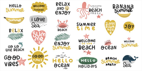 set of stickers about summer and sea, beach and ocean, beach party, lettering hand drawing calligraphy, vector illustration - 356072811