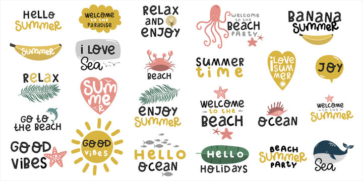 set of stickers about summer and sea, beach and ocean, beach party, lettering hand drawing calligraphy, vector illustration