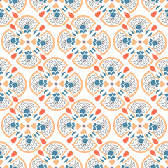 Geometric seamless tiles vector pattern. Mediterranean seamless blue and orange design. Portuguese or spanish retro old mosaic tiles. Decorative textile background.