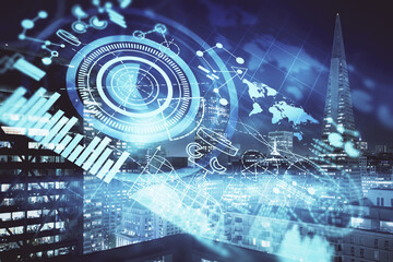 Double exposure of business theme hologram drawing and city veiw background. Concept of success.