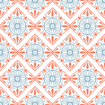 Geometric seamless tiles vector pattern. Mediterranean seamless blue and orange design. Portuguese or spanish retro old mosaic tiles. Decorative textile background.