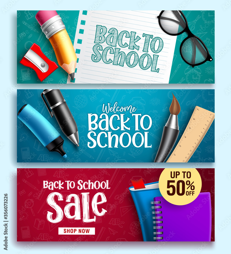 Poster back to school vector web banner set. back to school educational background design with colorful edu