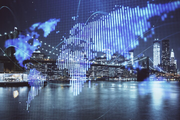 Double exposure of business theme hologram drawing and city veiw background. Concept of success.