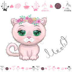 Cute cartoon pink cat, kitten on a background of flowers among butterflies