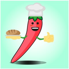 Cute mexican chili baker cartoon face character with chef hat and bread image design