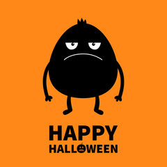 Happy Halloween. Monster black silhouette. Cute cartoon kawaii sad character icon. Eyes, hands. Funny baby collection. Flat design. Orange background. Isolated.