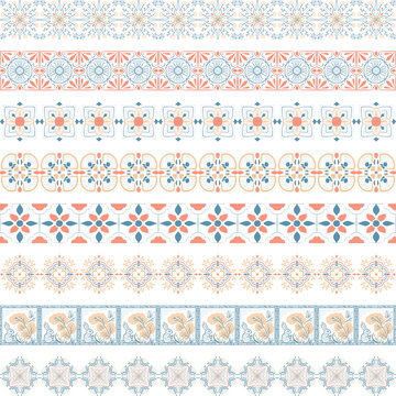 Design elements and page decoration. Vector set of color mosaic tile borders. Antique ceramic decor design.  Mediterranean blue and orange decor. Portuguese or spanish retro old mosaic tiles. Geometri