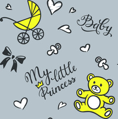 Vector Happy birthday background. Greeting logotype for card, flyer, poster, sign, banner, web, postcard, invitation. Abstract backdrop for text, type, quote. Baby pattern with toys and hearts.