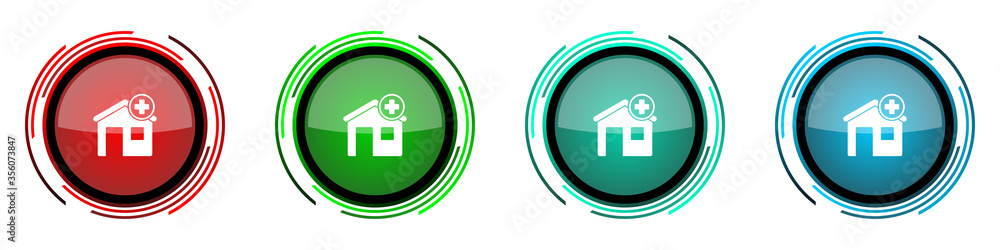 Aufkleber Hospital building round glossy vector icons, set of buttons for webdesign, internet and mobile phone applications in four colors options isolated on white background