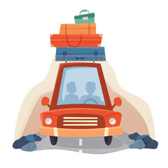 Naklejka premium People in travel car with suitcases, road and forest trees. Flat cartoon style.