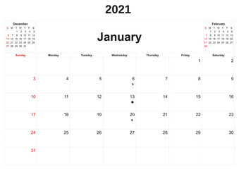 2021 annual calendar with white background.