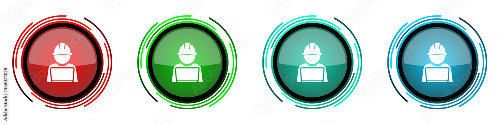 Leinwandbilder Engineer with laptop round glossy vector icons, worker, manager set of buttons for webdesign, internet and mobile phone applications in four colors options isolated on white background