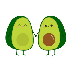 Avocado family love couple holding hands. Mother, father. Cute cartoon kawaii funny character set. Greeting card. Happy Valentines day. Healthy food. Flat design. White background.