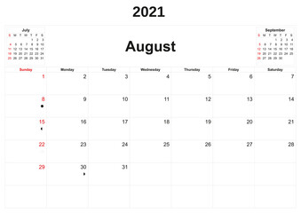 2021 annual calendar with white background.