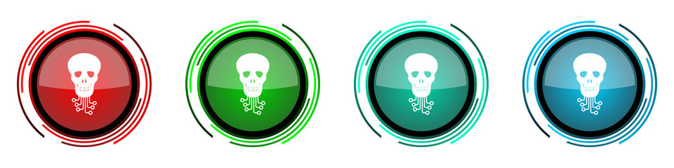 Hack round glossy vector icons, virus, circuit, skull, hacker set of buttons for webdesign, internet and mobile phone applications in four colors options isolated on white background