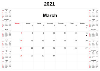 2021 annual calendar with white background.