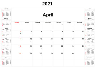 2021 annual calendar with white background.