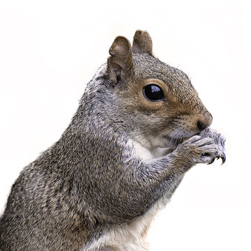 Close Up Half Length Profile Portrait Of A Grey Squirrel With Its Paws To Its Mouth Feeding. Isolated On A White Background