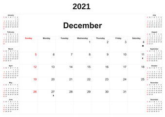 2021 annual calendar with white background.