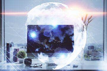 Double exposure of business theme icons and work space with computer background. Concept of success.