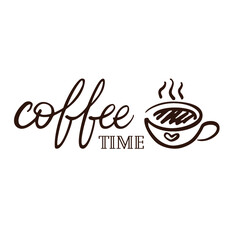 Coffee related illustrations with quotes. Graphic design lifestyle lettering. Hand-drawn coffee time sketch on beige background with Cup of hot coffee