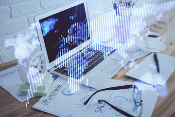 Fototapeta premium Double exposure of business theme icons and work space with computer background. Concept of success.