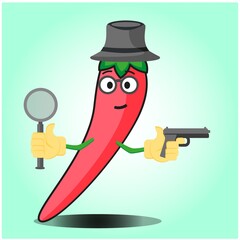 Cute mexican chili detective cartoon face character with hat and gun image design