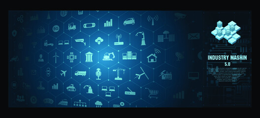 Automated industry concept 5.0. Autonomous technology for the production of data exchange. Internet of Things IoT concept for connected devices. Spider web of network connections. Concept banner