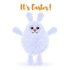 Small fluffy grey smiling Easter Bunny on a white background. Vector illustration for happy Easter greeting card