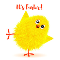 A small fluffy yellow chicken is smiling. Vector illustration of a happy Easter greeting card