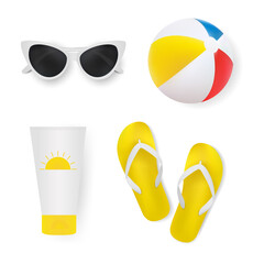 Set summer items 3D isolated on a white background. Collection icons. Sunglasses, flip flops, sunscreen, inflatable ball. Vector illustration.