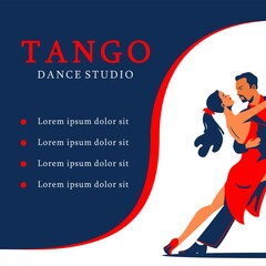 Tango dance studio invitation design. Poster, banner for social media, card, flyer, invitation, brochure with dancing couple.