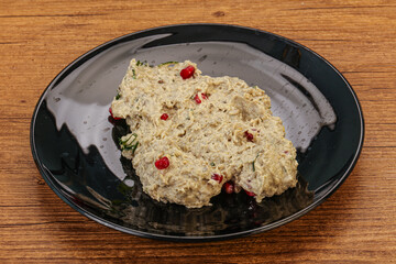 Vagan dietary cusine - mutabal with granet seeds