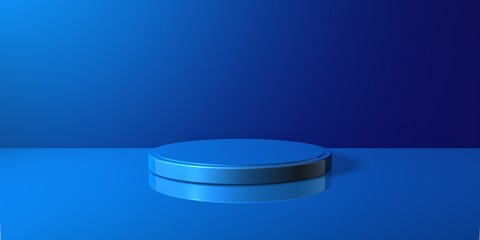 Espositore vuoto circolare blu su fondo blu, podio o piedistallo per esposizione prodotti, base circolare con sfondo vuoto, Rendering 3D, visione frontale