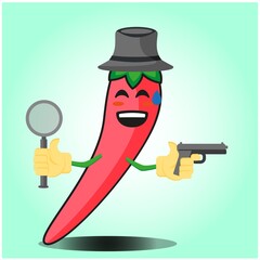 Cute mexican chili detective cartoon face character with hat and gun image design