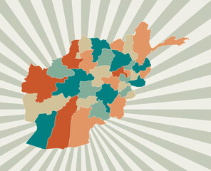 Afghanistan map. Poster with map of the country in retro color palette. Shape of Afghanistan with sunburst rays background. Vector illustration.
