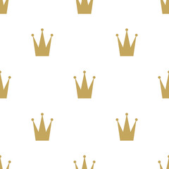 Seamless ornament with golden crowns on white background. Royal, luxury, vip, first class.
