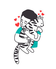 Boy and cat. Child hug cute cat on hands, relaxing cartoon poster about young man love and pet, vector illustration isolated on white background