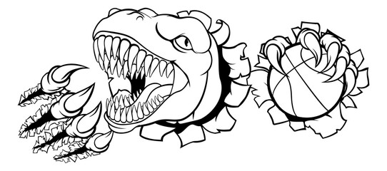 A dinosaur T Rex or raptor basketball player cartoon animal sports mascot holding a ball in its claw © Christos Georghiou