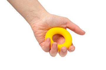 Yellow and orange expander in woman hand isolated on white background.