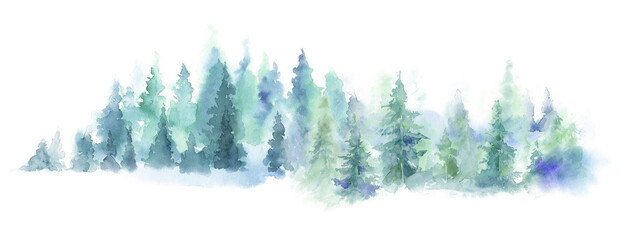Watercolor forest landscape panorama. Misty blue fir forest. Wild nature, frozen, misty, taiga. Abstract horizontal composition