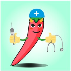 Cute mexican chili doctor cartoon face character with hat, sthethoskop and syringe design