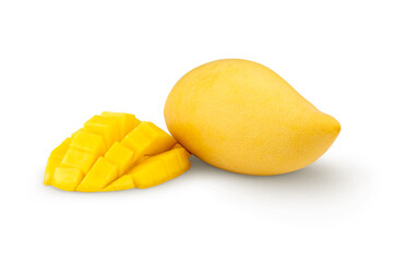 Ripe mango and half slice with cubes isolated on white background. Clipping path include in this image.