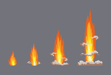 Cartoon explosion effect with smoke. Comic boom effect, explode flash, bomb comic, vector illustration. Frame sprite. Animation frames for game