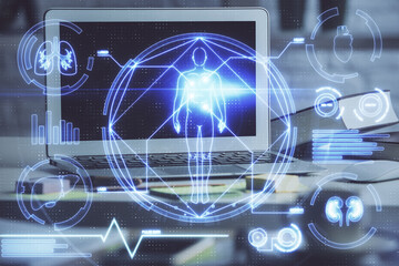 Desktop computer background and education theme drawing. Double exposure. Study concept.