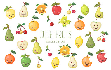 Vector collection of colorful cute cartoon fruits characters apple, pear, orange, cherry, lemon, lime isolated on white background