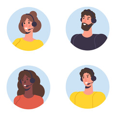 Call center avatar set. Customer service, hotline concept. Office workers with headsets, telemarketing agents. Vector illustration