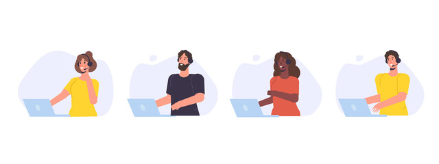 Call center avatar set. Customer service, hotline concept. Office workers with headsets, telemarketing agents. Vector illustration