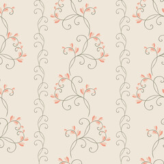 Simple vector floral seamless pattern. Subtle ornament with small leaves, curved branches, curly twigs. Abstract vintage background in pastel colors. Liberty style millefleurs. Wallpapers design 